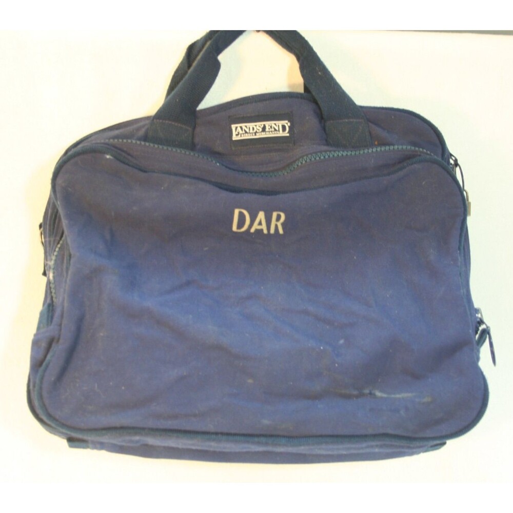 Lands' End Double Zipped Duffle Bag Top Handle Navy Blue Travel DAR initials